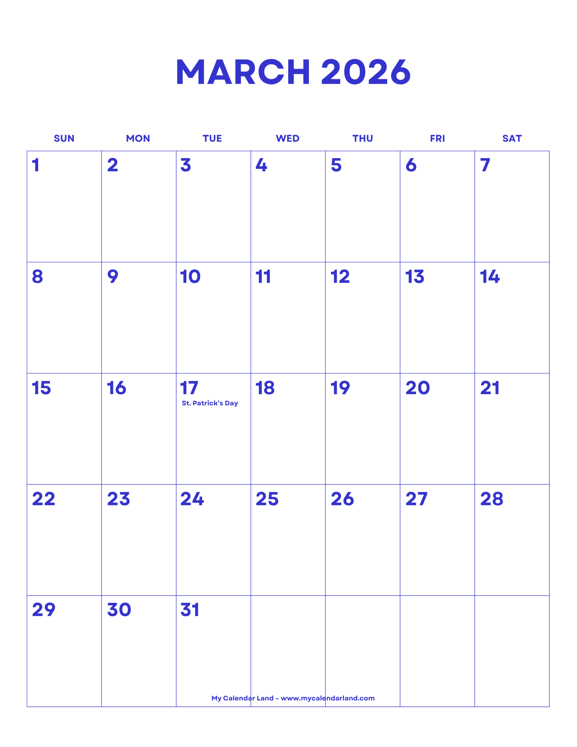 March 2026 Calendar – My Calendar Land intended for General Blue March 2026 Calendar