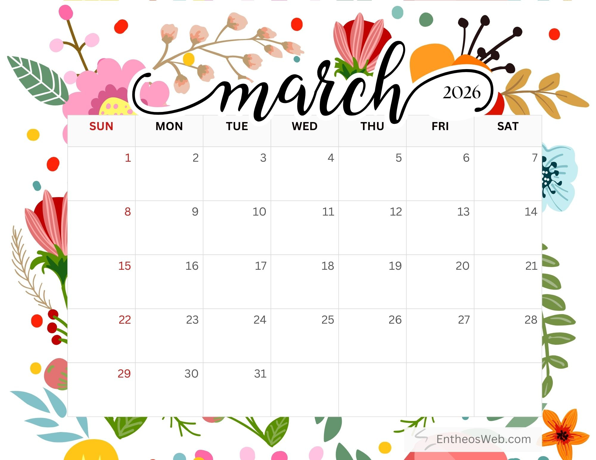 March 2026 Calendar Printables » Entheosweb with March 2026 Calendar Wallpaper