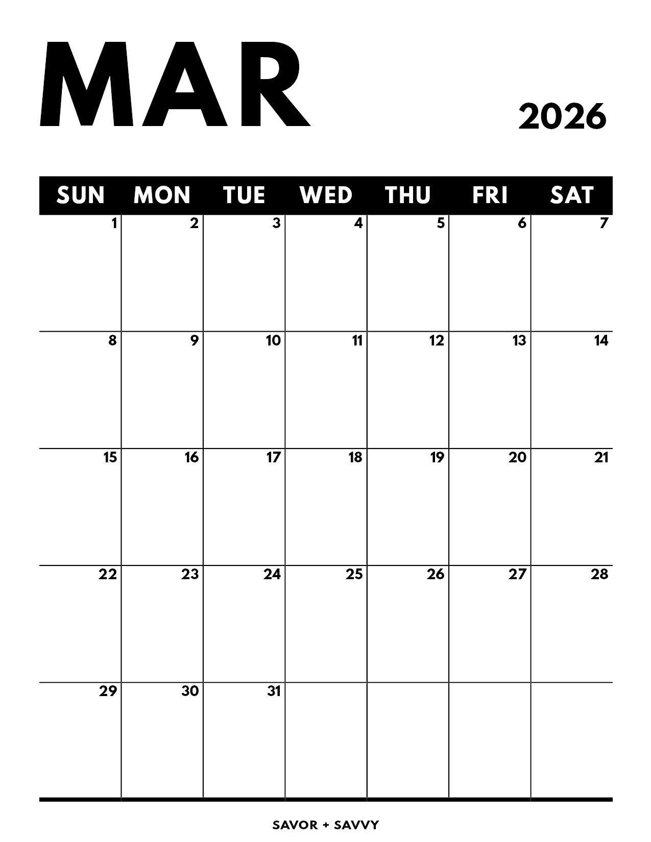 March 2026 Calendar Templates - 14 Free Printables - Savor + Savvy for Free Printable March 2026 Calendar