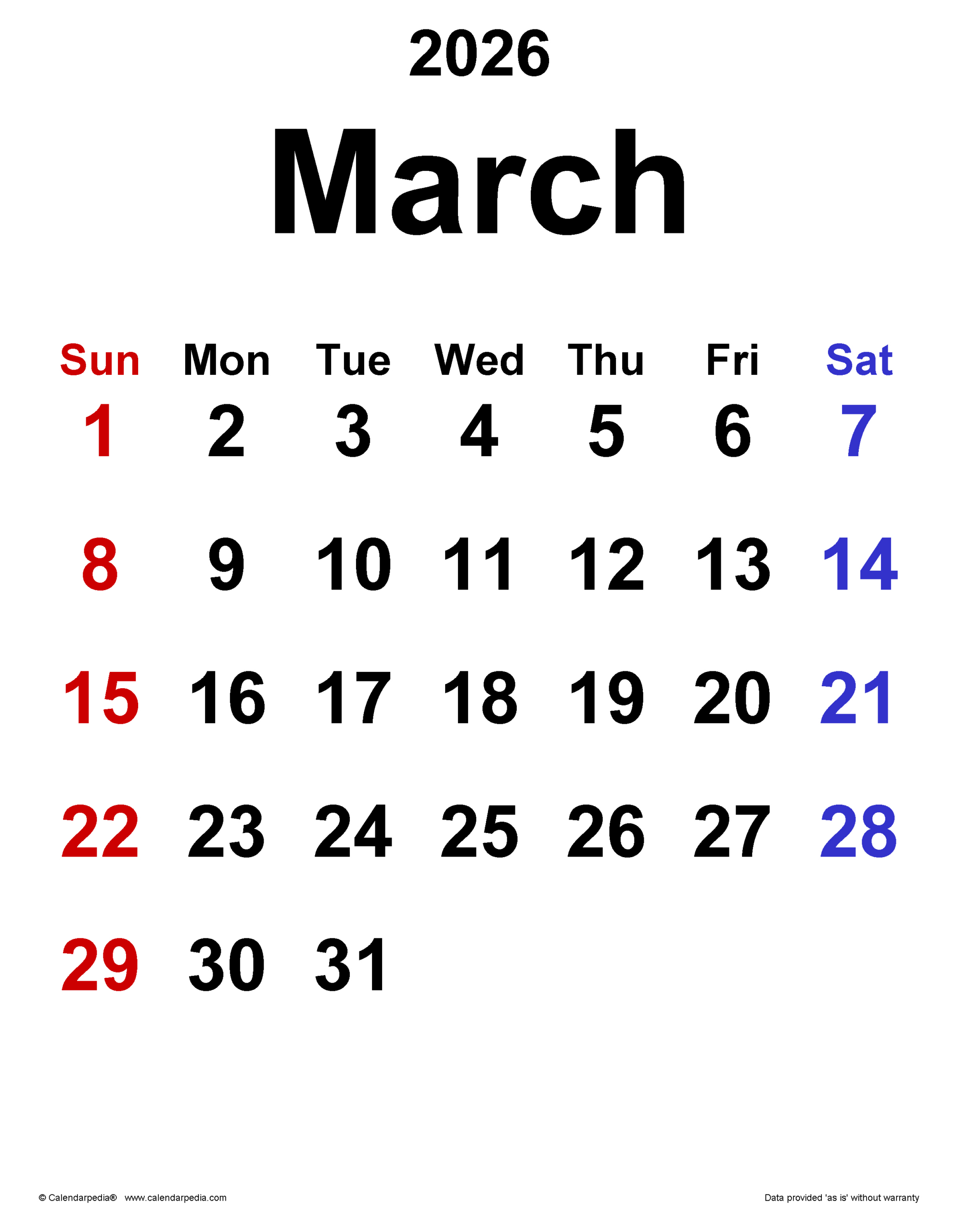 March 2026 Calendar | Templates For Pdf, Excel And Word in March 2026 US Calendar
