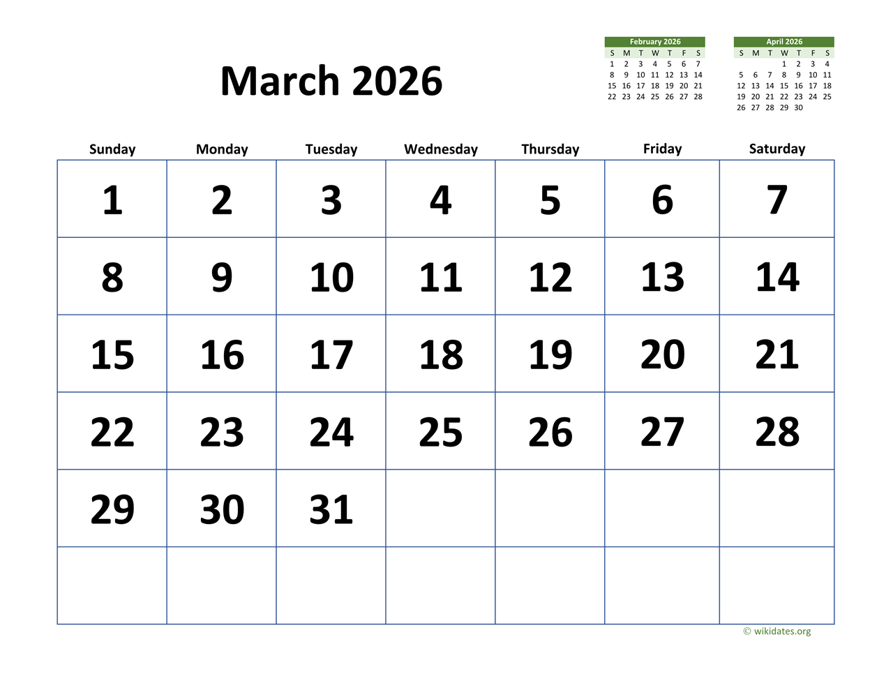March 2026 Calendar With Extra-Large Dates | Wikidates with March 2026 Printable Calendar Wiki