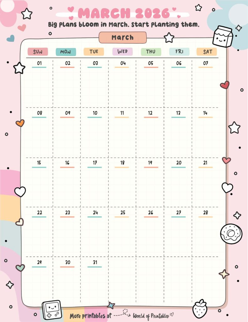 March 2026 Calendars - 200 Free Printable Pdf Designs - World Of intended for Cute March 2026 Calendar Printable