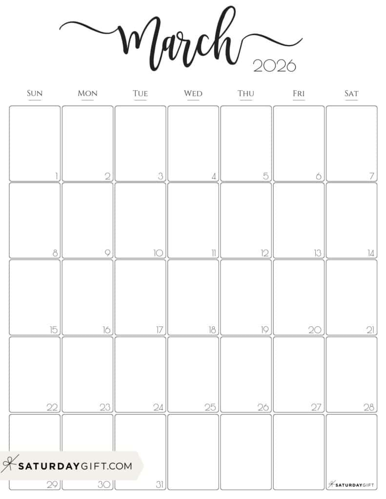 March 2026 Calendars - 23 Cute Free Printable Pdfssaturdaygift throughout March Calendar 2026 Vertical