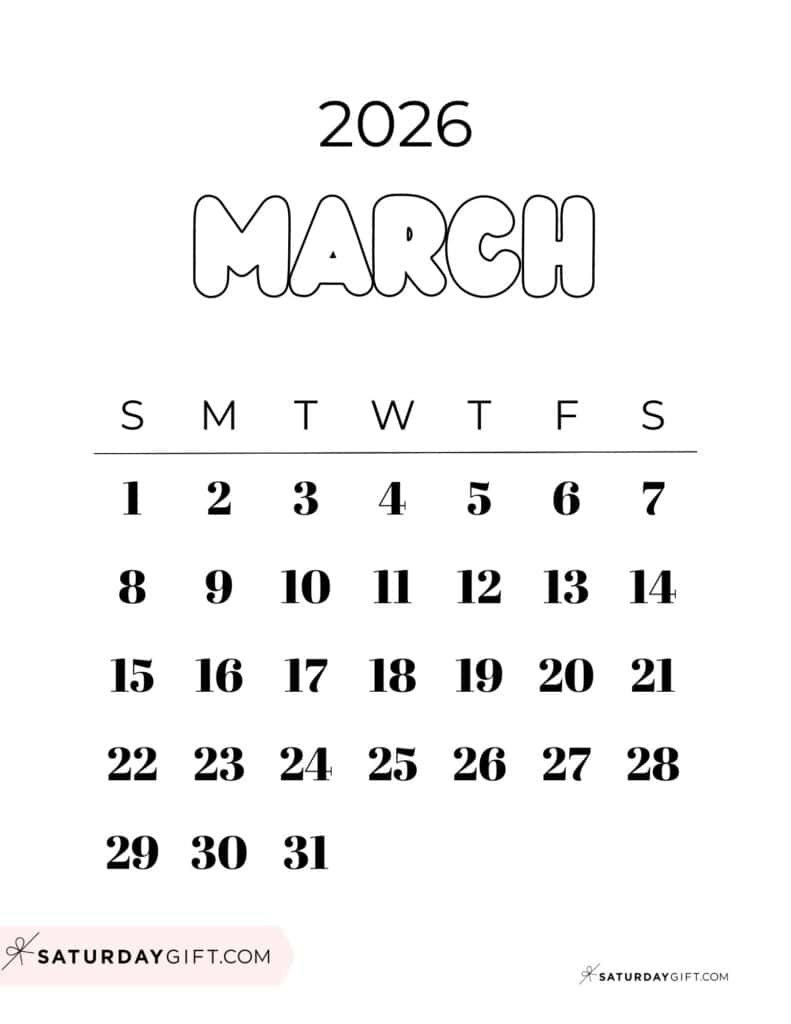 March 2026 Calendars - 23 Cute Free Printable Pdfssaturdaygift within March 2026 Calendar Cute