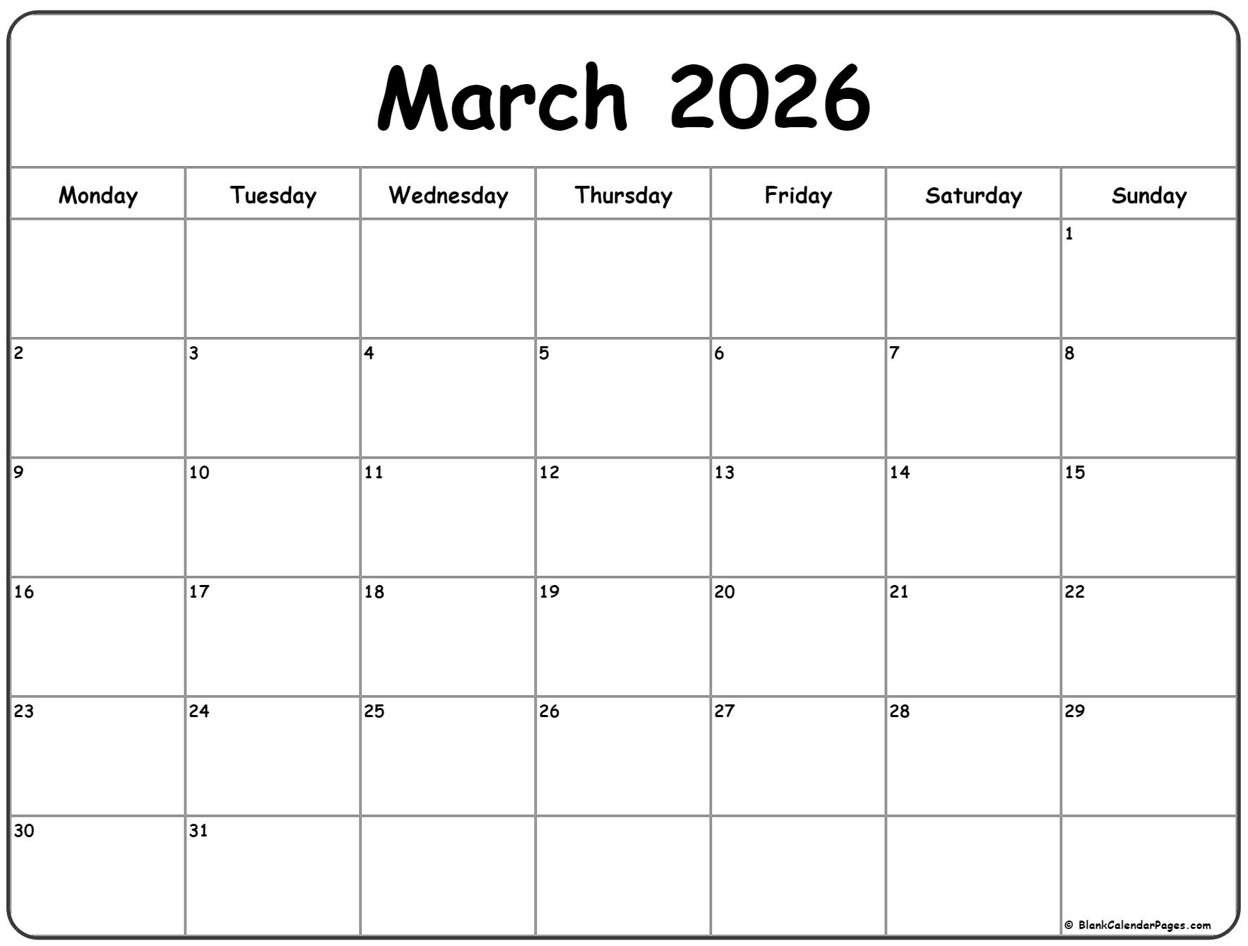 March 2026 Monday Calendar | Monday To Sunday within Printable Calendar March 2026 Monday Start