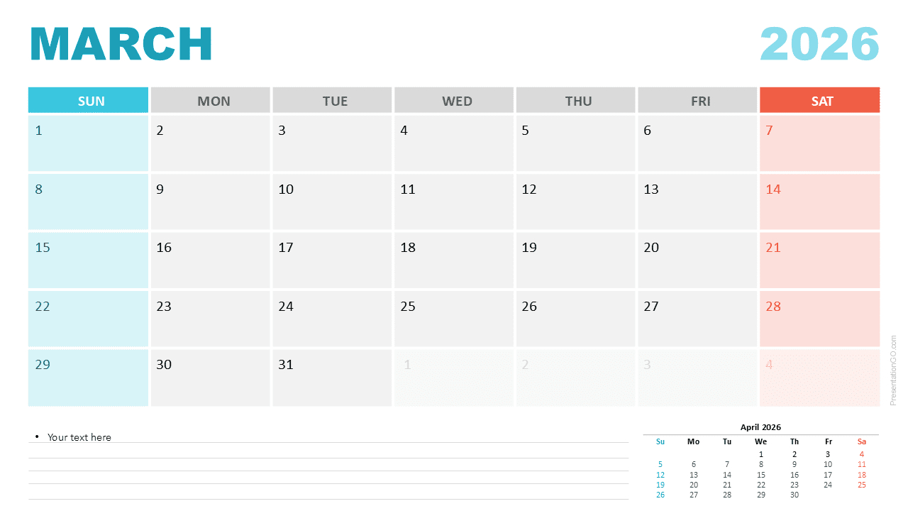 March 2026 Monthly Calendar For Powerpoint &amp;amp; Google Slides inside Google Calendar March 2026 Printable