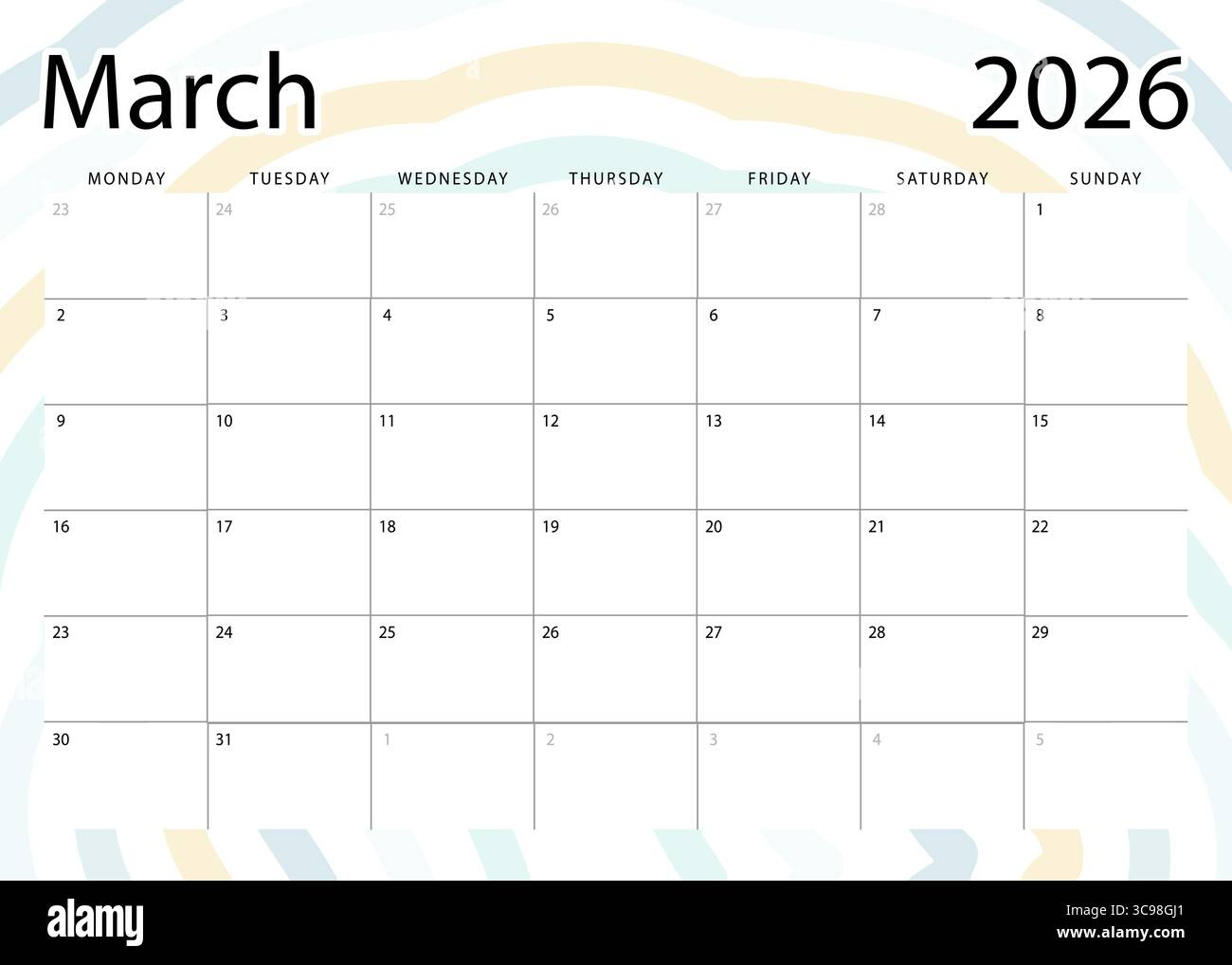 March 2026 Monthly Planner. Calendar Template. Monday Start within March Calendar 2026 Starting Monday
