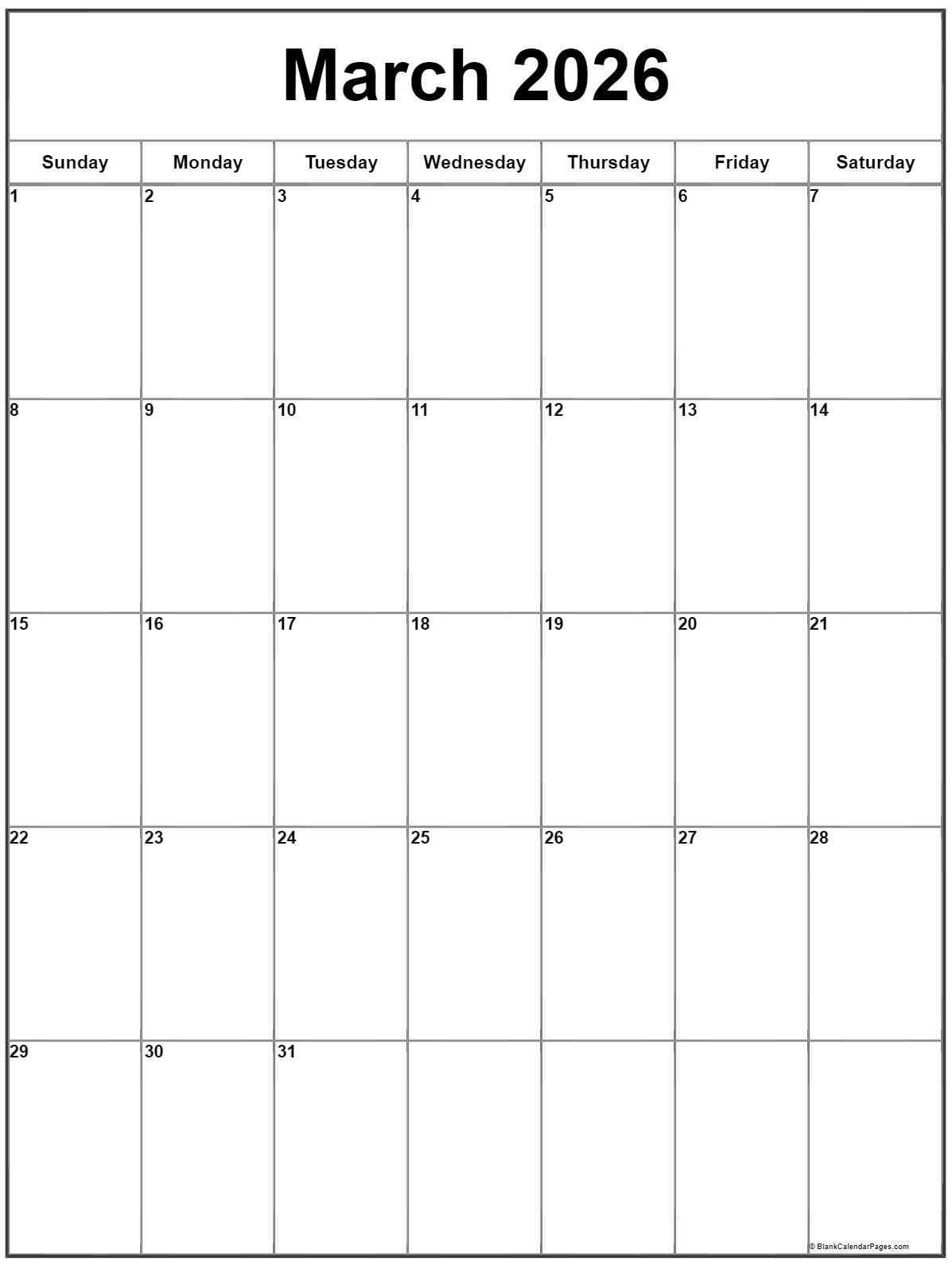 March 2026 Vertical Calendar | Portrait pertaining to March 2026 Calendar Printable Vertical