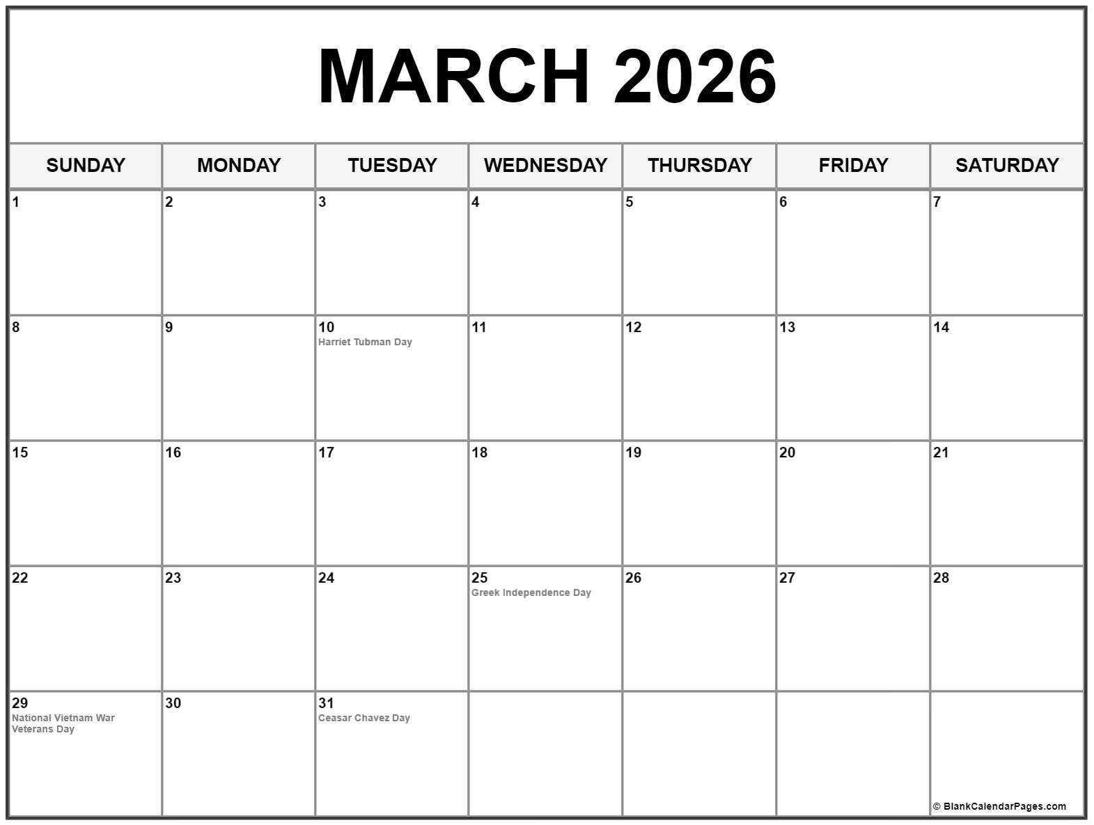 March 2026 With Holidays Calendar in March 2026 Calendar With Holidays Usa
