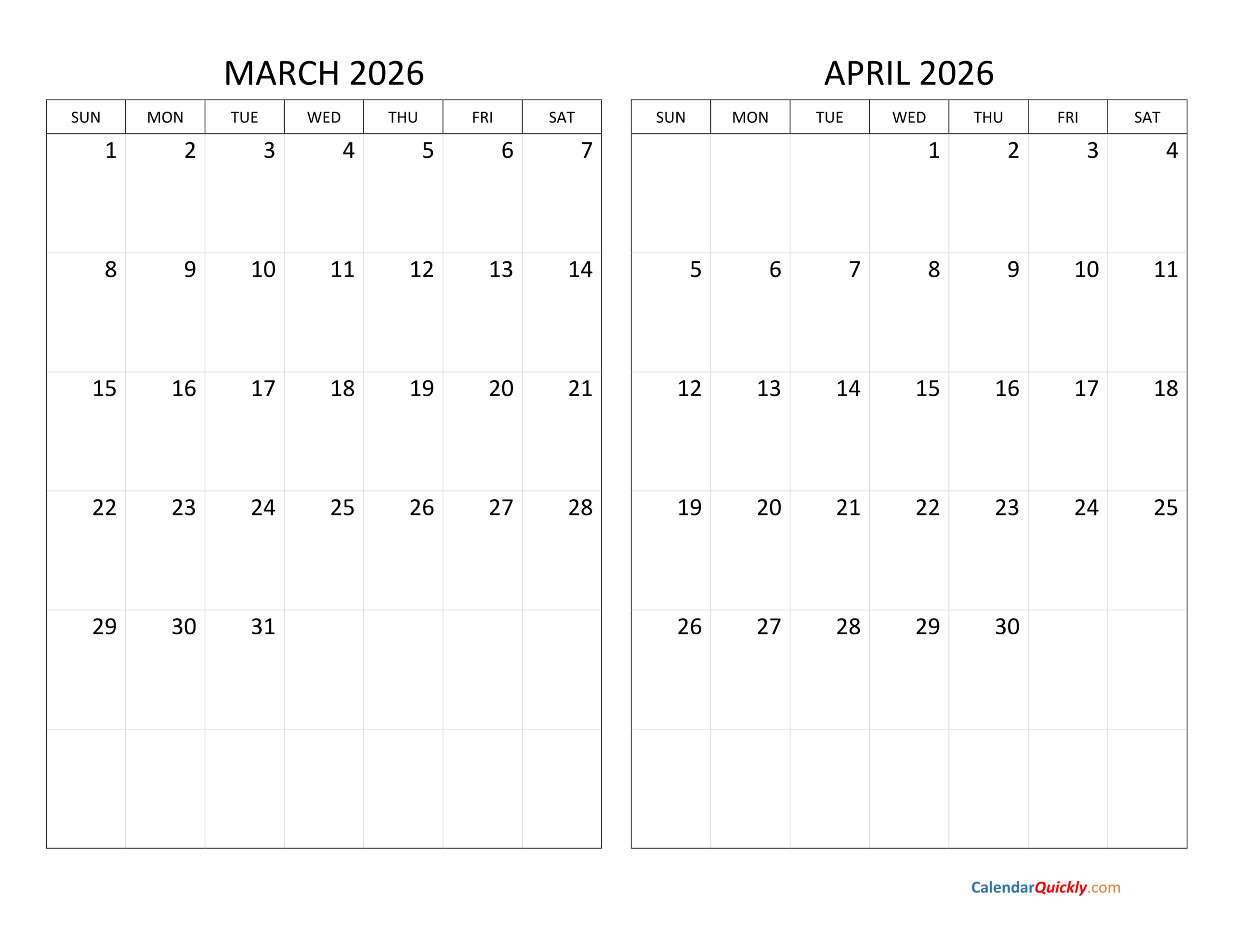 March And April 2026 Calendar | Calendar Quickly in Calendar March April 2026 Printable