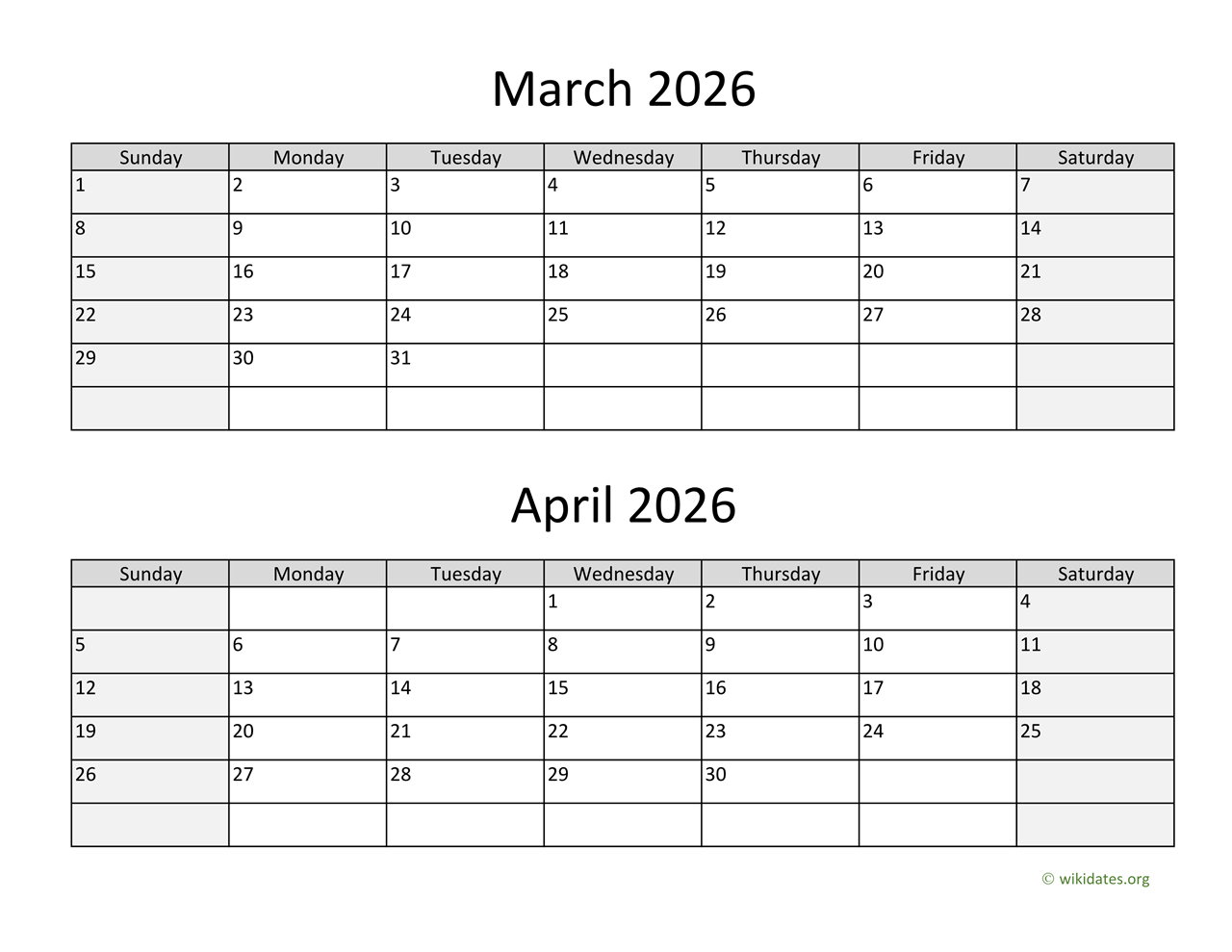 March And April 2026 Calendar | Wikidates with regard to March And April 2026 Calendar