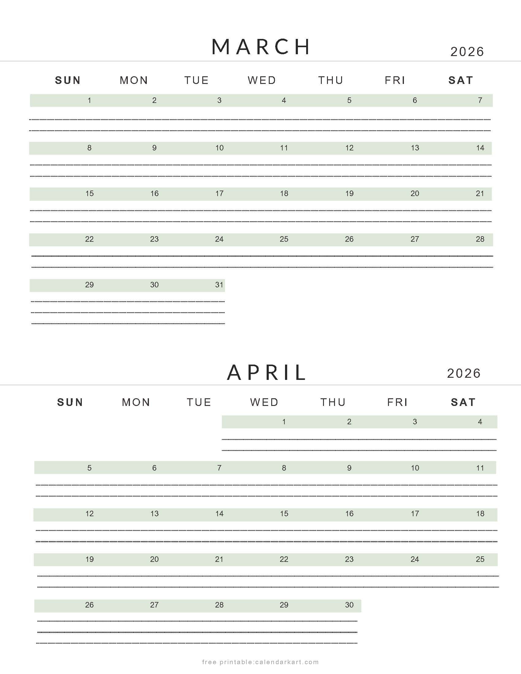 March April 2026 Calendars - Free Printable Pdfs - Calendarkart in Free Printable Calendar April 2026 to March 2026