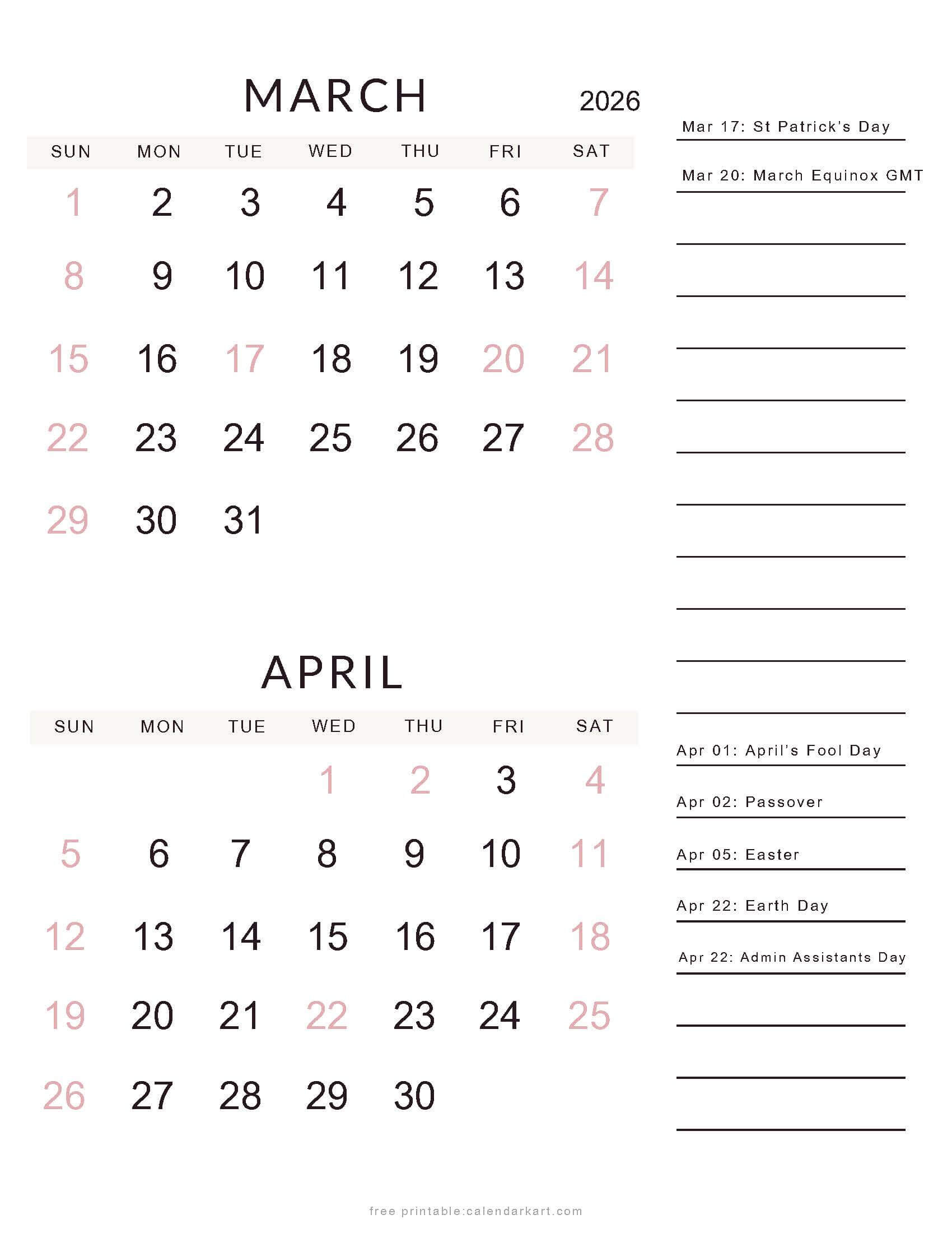 March April 2026 Calendars - Free Printable Pdfs - Calendarkart pertaining to Free Printable Calendar April 2026 To March 2026