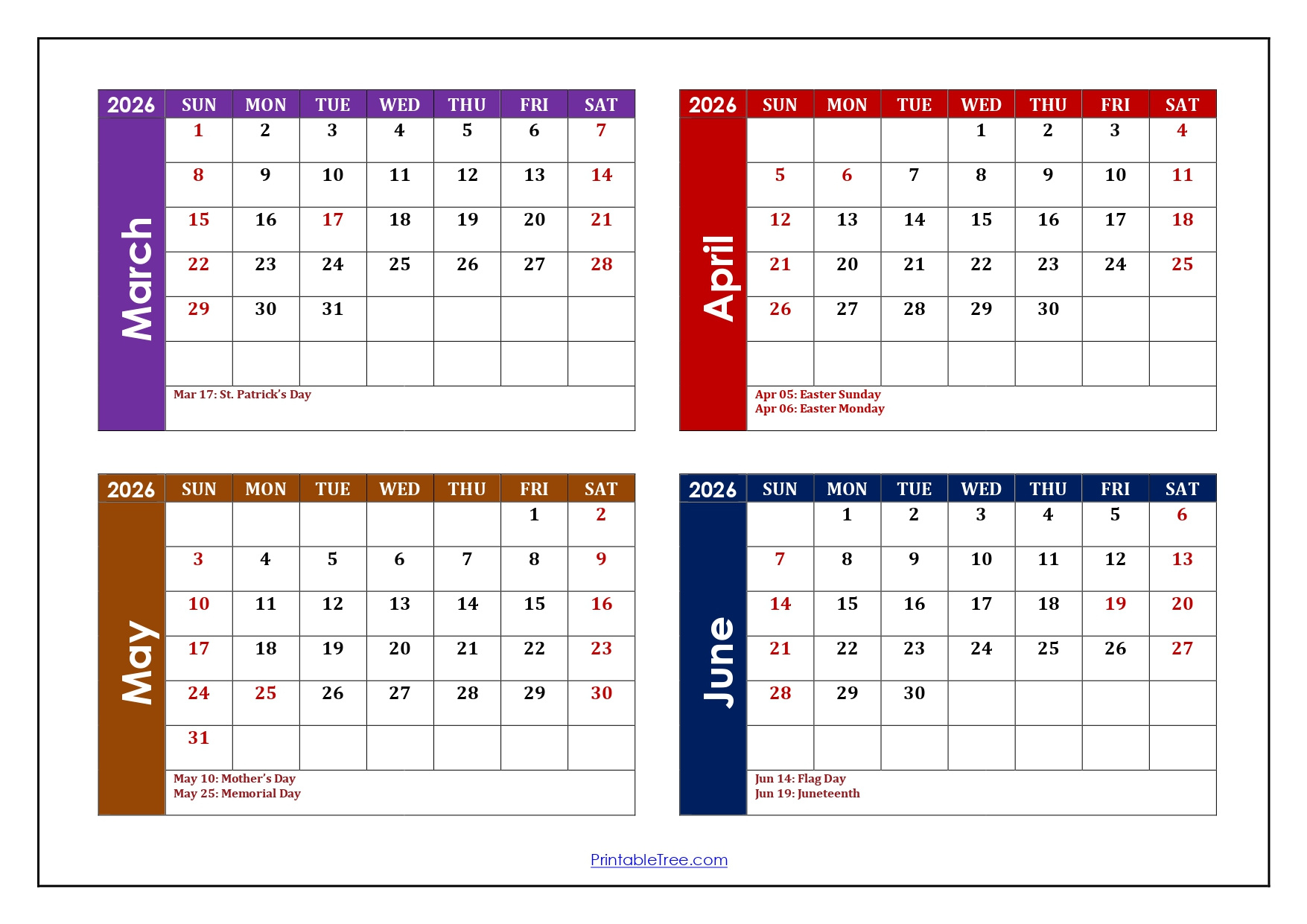 March To June 2026 Calendar Printable Pdf | Four Month Calendar with Calendar March To June 2026