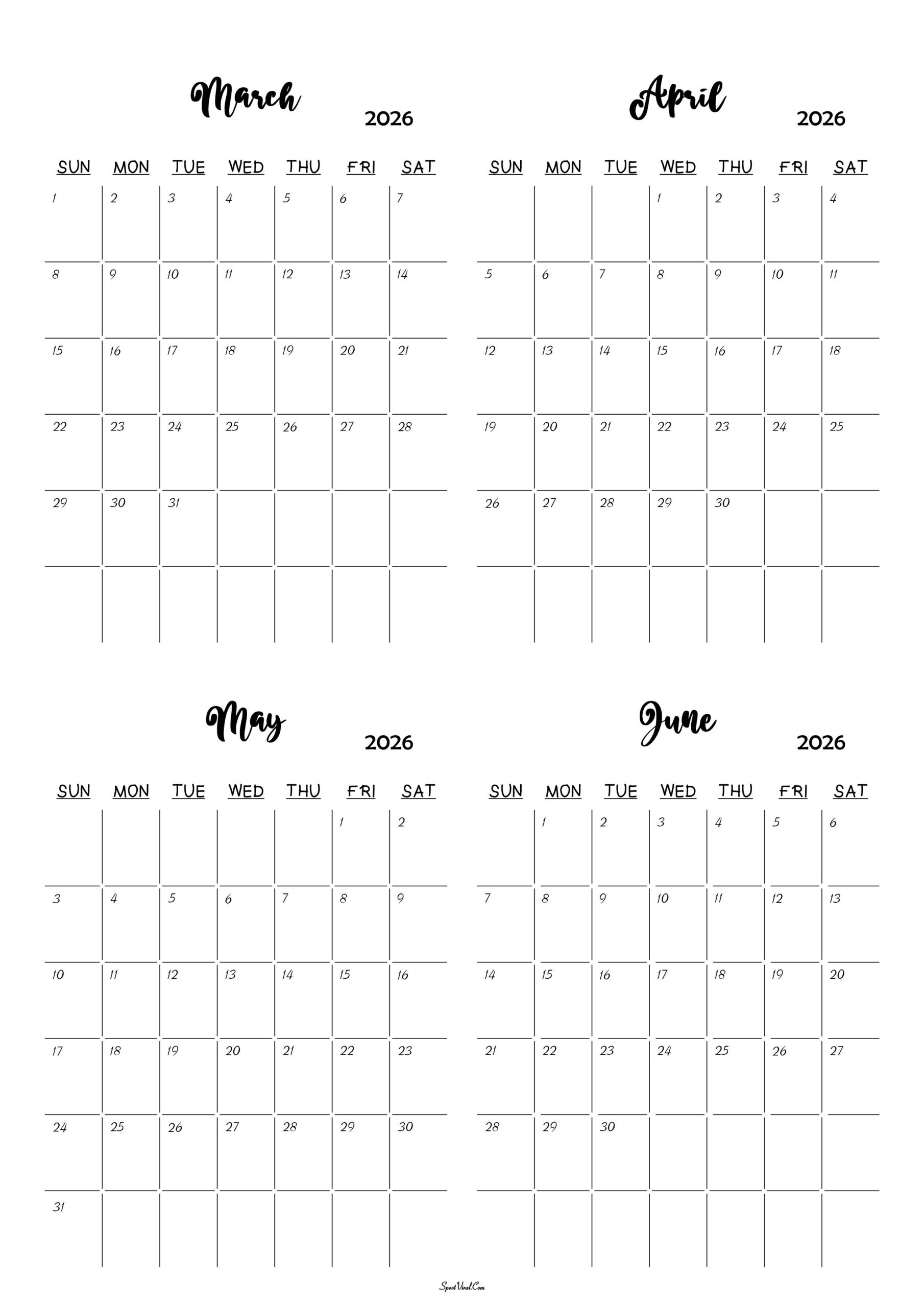 March To June 2026 Calendar Templates- Spootviral regarding March Through June 2026 Calendar