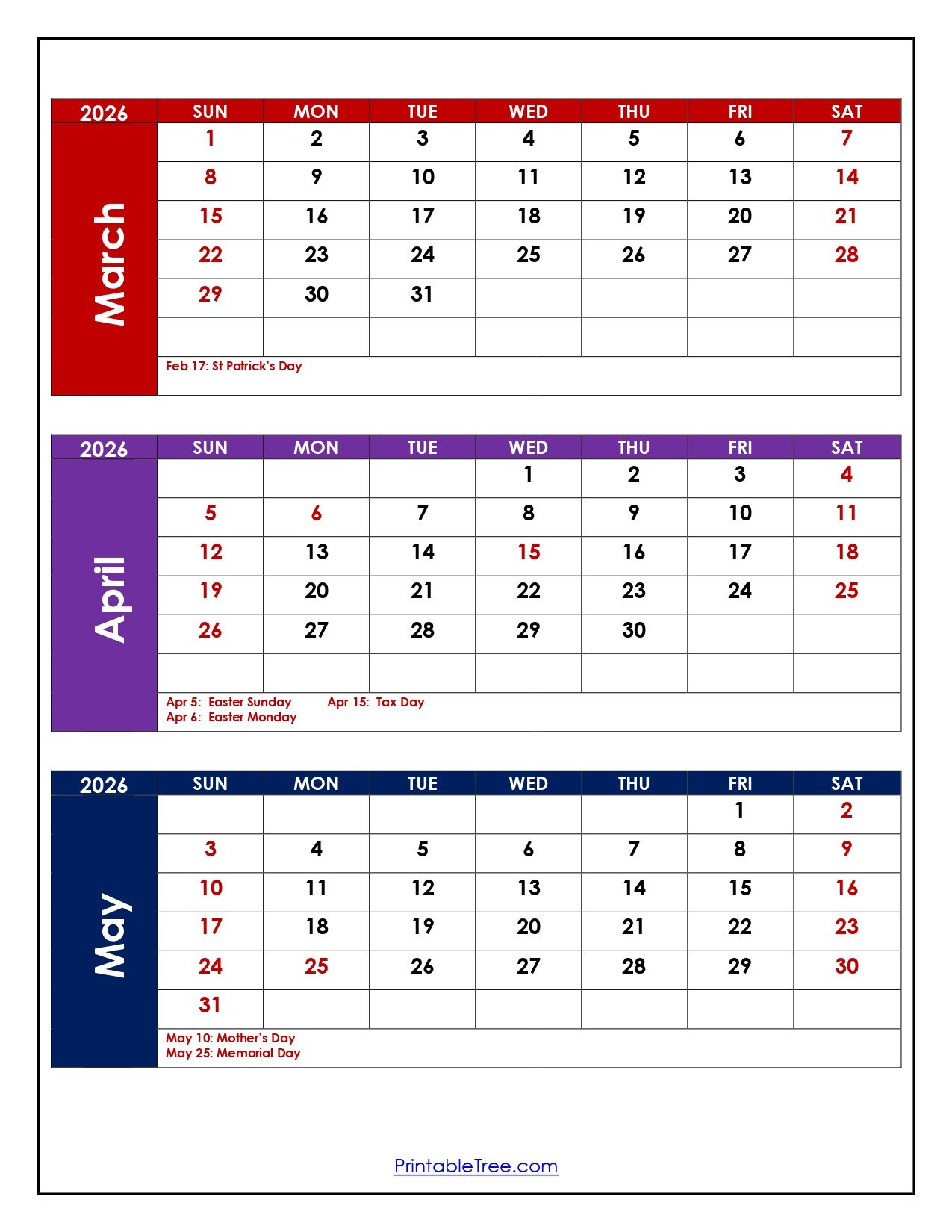 March To May 2026 Calendar | Three Month Calendar with regard to Printable Calendar 2026 March April May