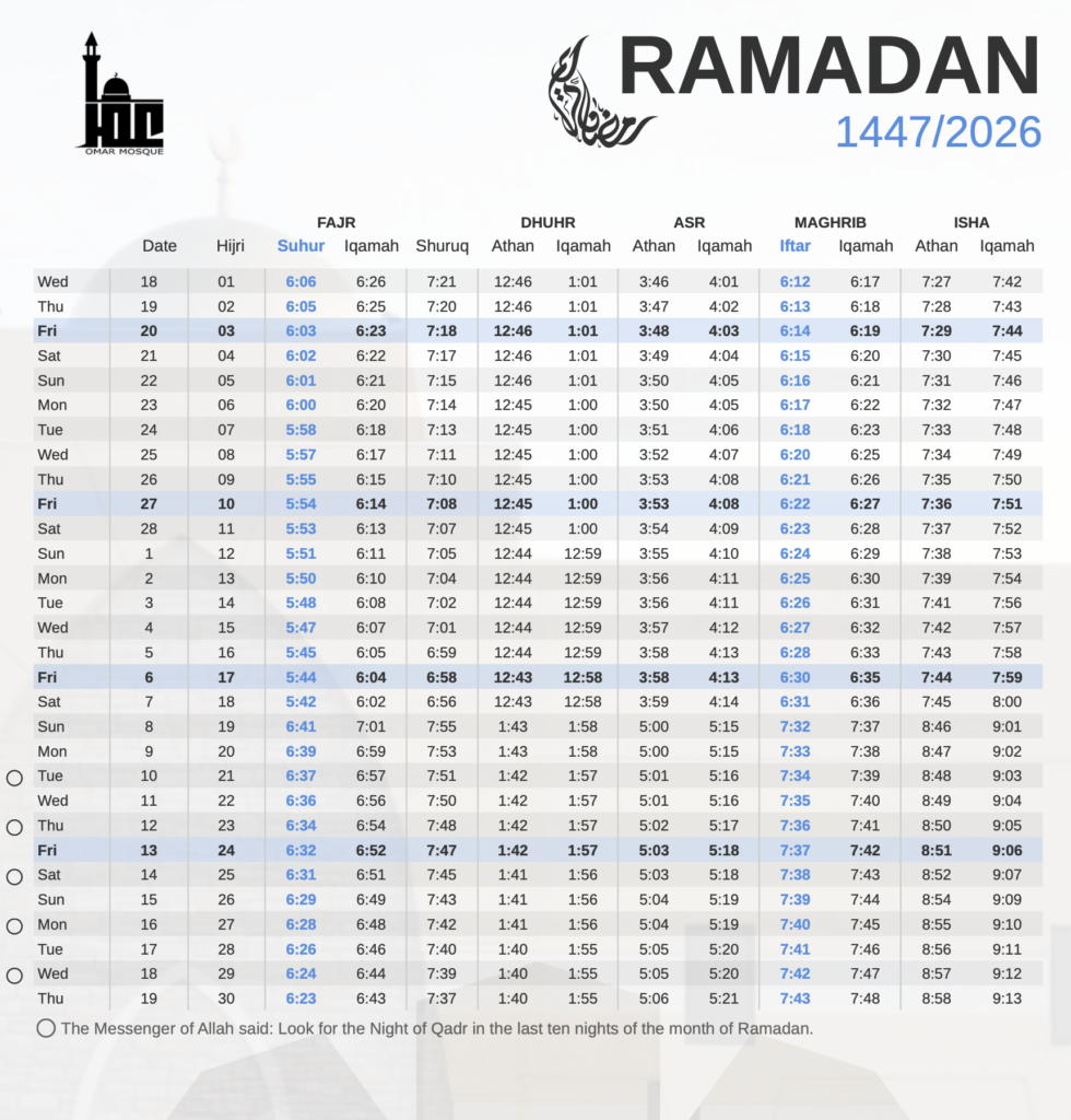 Masjid Omar in Ramadan Calendar 2026 Ohio