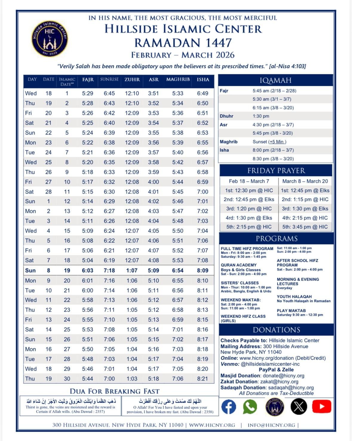 Monthly Prayer Time | Hillside Islamic Center - Renew Your Faith! with regard to Ramadan Calendar 2026 New York