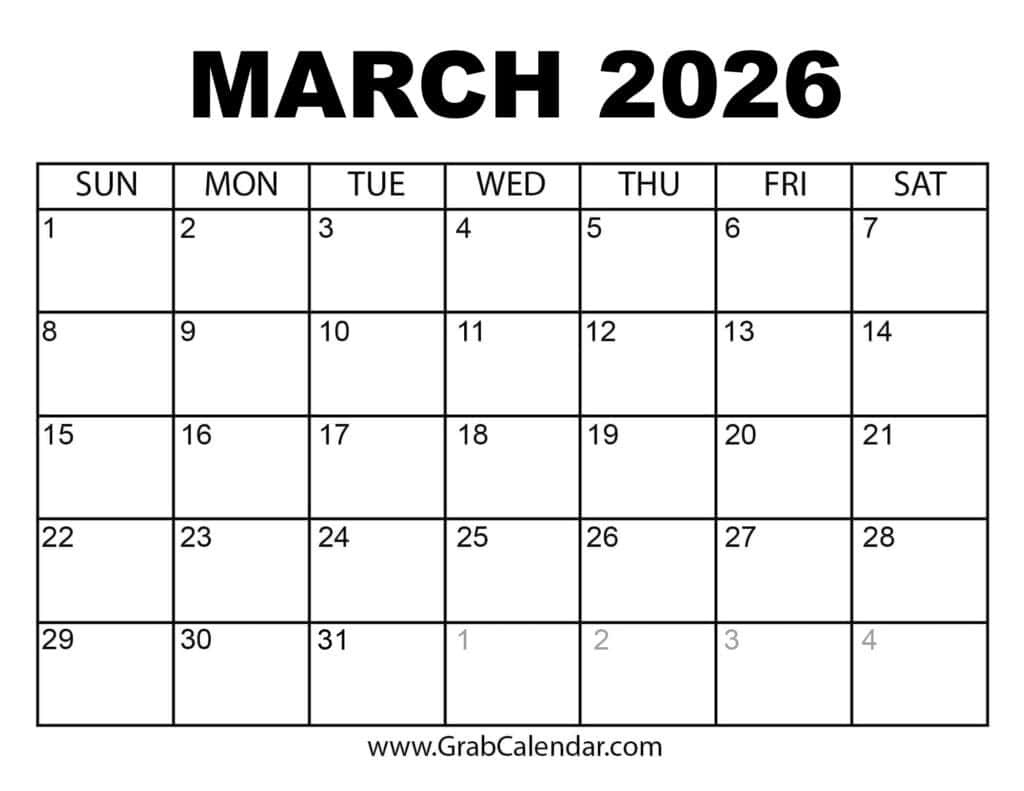 Printable March 2026 Calendar inside March Calendar 2026 Template