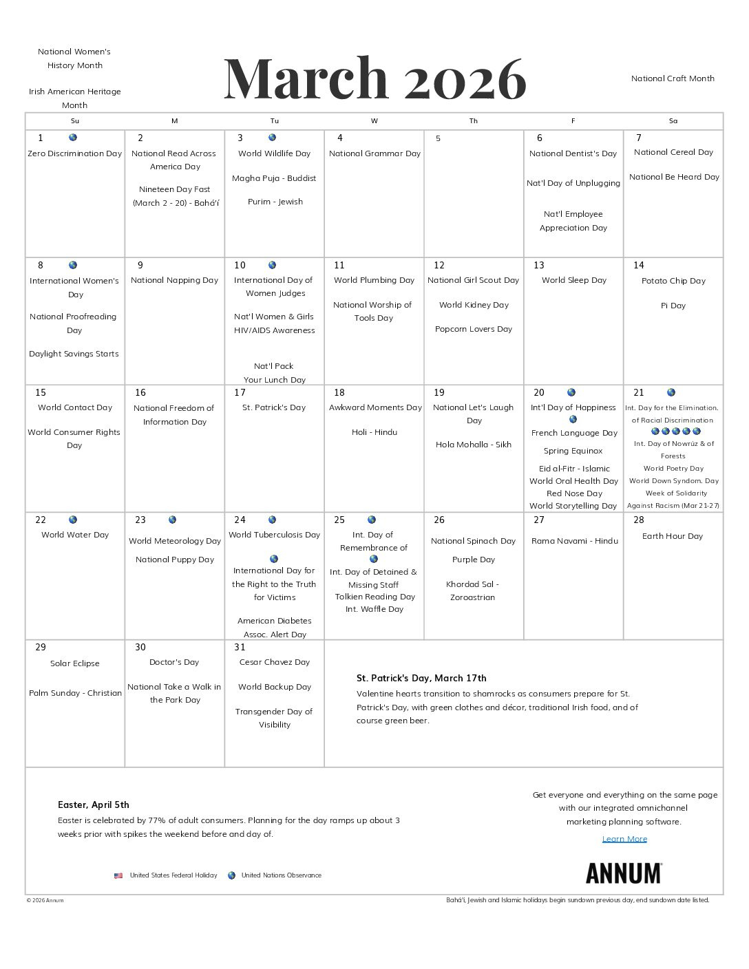 Printable March 2026 Calendar | March Holidays | Annum with regard to March 2026 Calendar with Holidays USA
