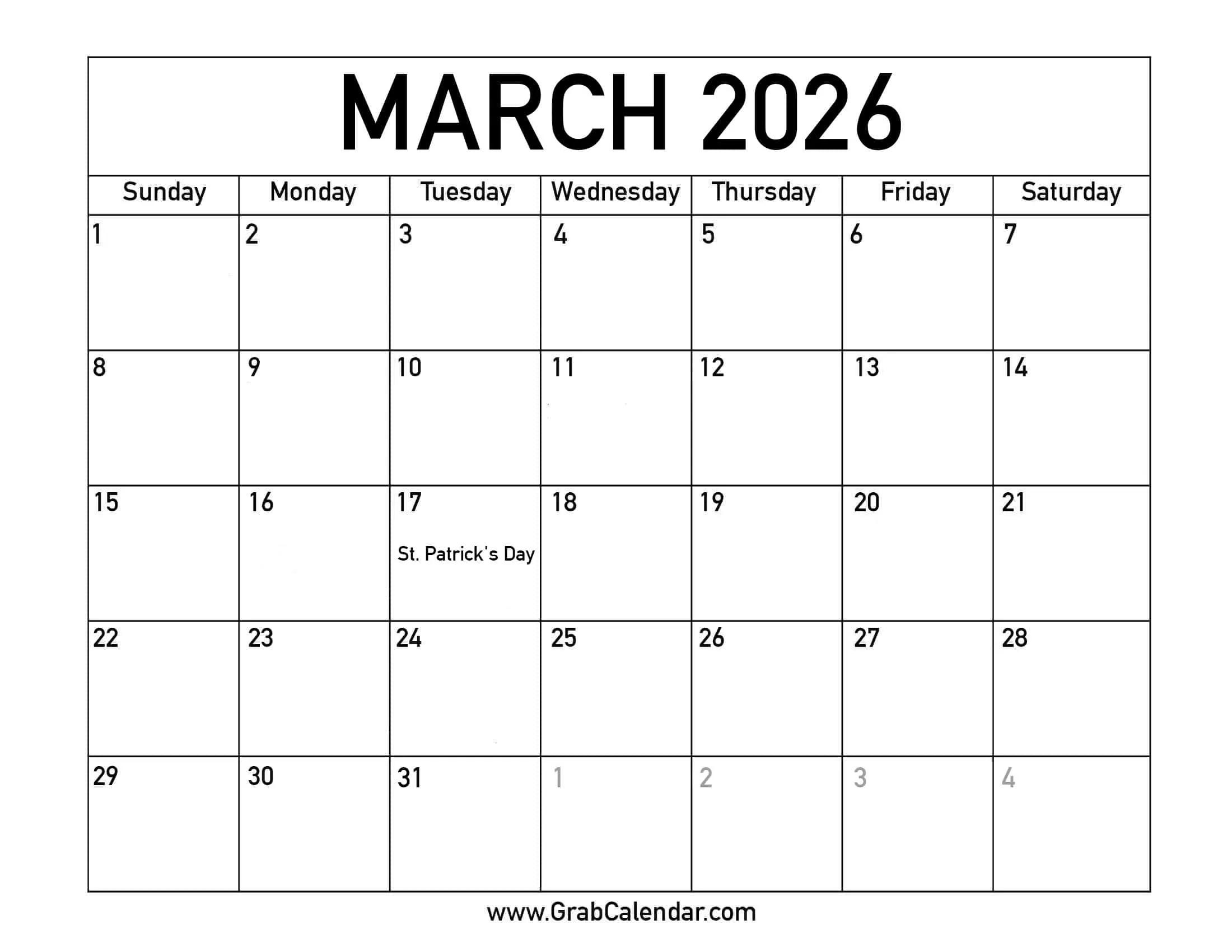 Printable March 2026 Calendar regarding Free Printable March 2026 Calendar with Holidays