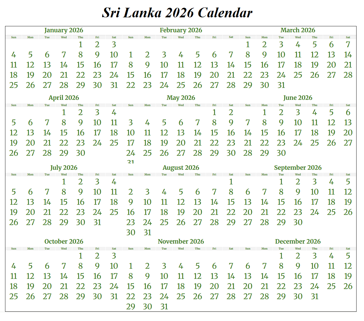 Printable Sri Lanka 2026 Calendar Template With Holidays inside March Calendar 2026 Sri Lanka