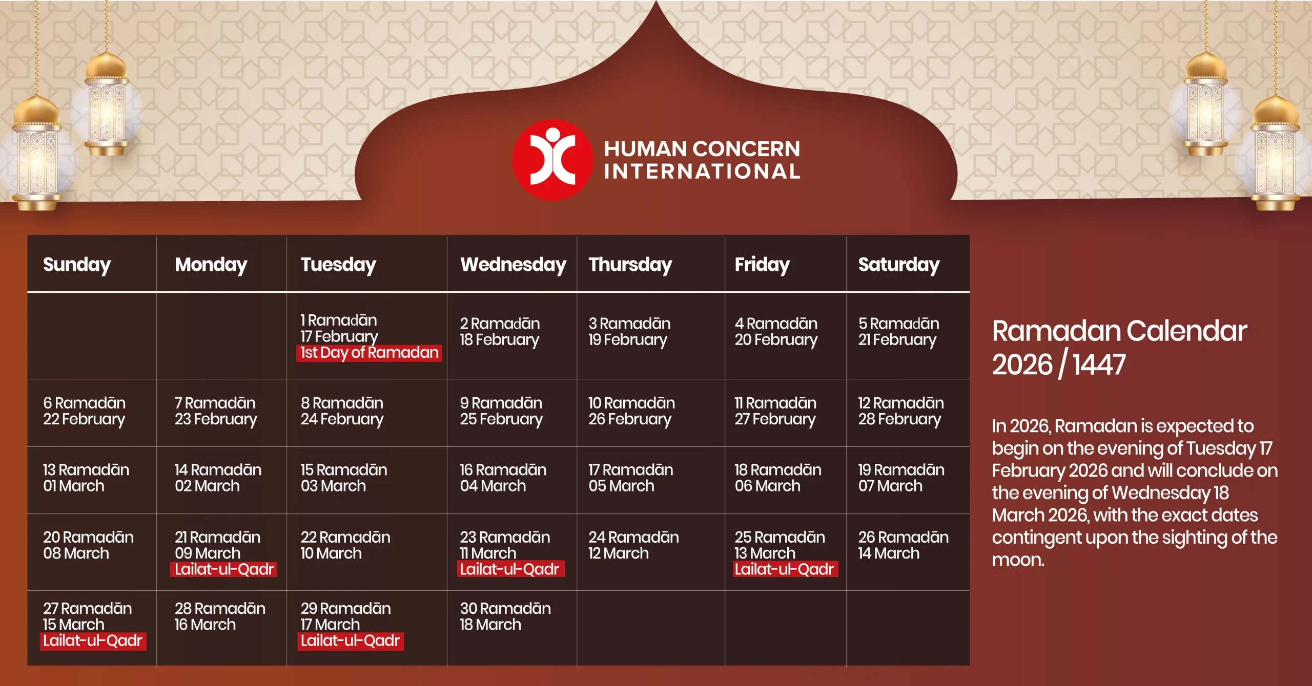 Ramadan 2026 / 1447 Ah - Human Concern International Canada with Ramadan Calendar 2026 Us