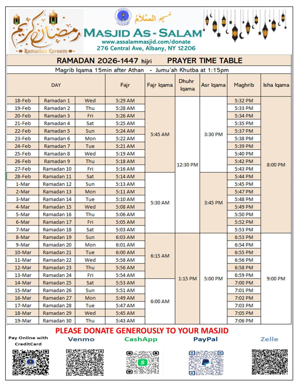 Ramadan 2026 In Albany,Ny – Masjid As Salam within Ramadan Calendar 2026 Ny