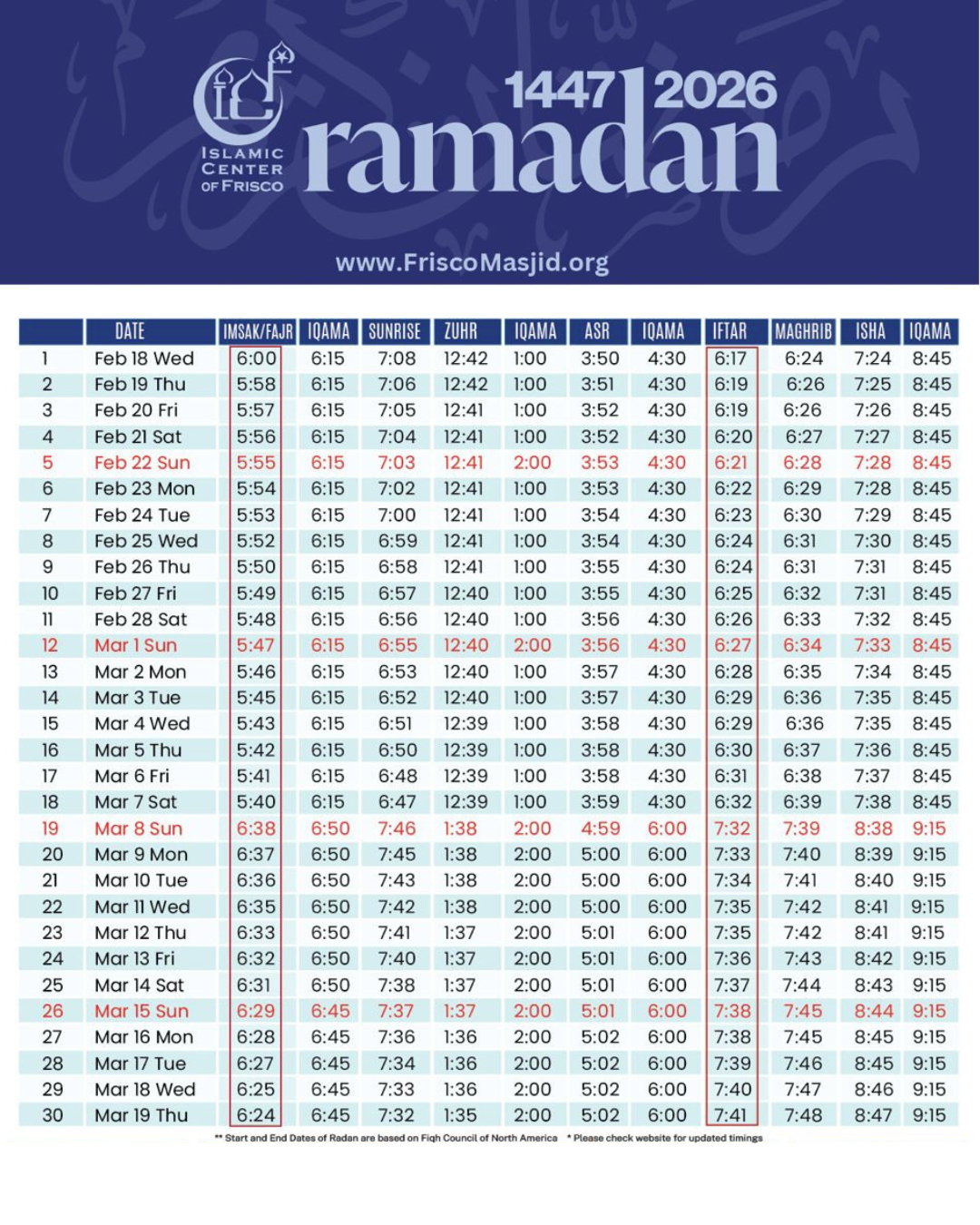 Ramadan 2026 - Islamic Center Of Frisco intended for Ramadan 2026 Calendar Usa