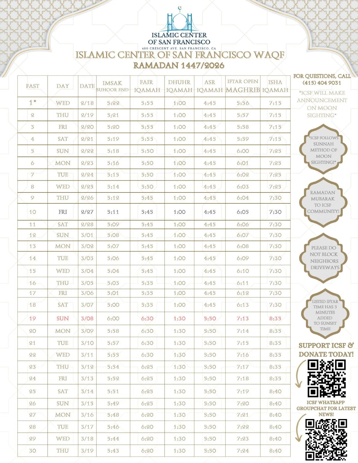 Ramadan 2026 — Islamic Center Of San Francisco with Ramadan Calendar 2026 California