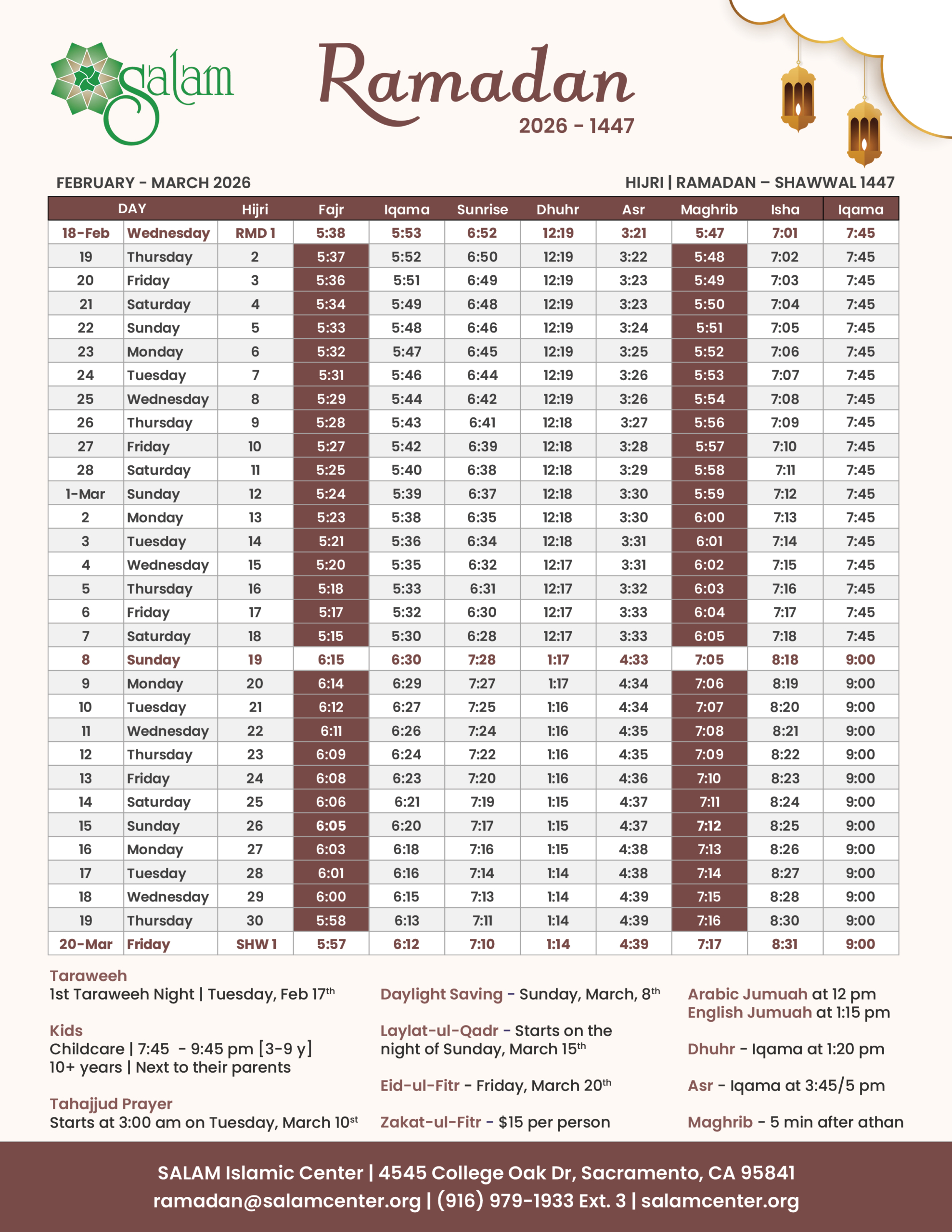 Ramadan And Eid | 2026 - 1447 - Salam Islamic Center in Ramadan In Usa 2026 Calendar