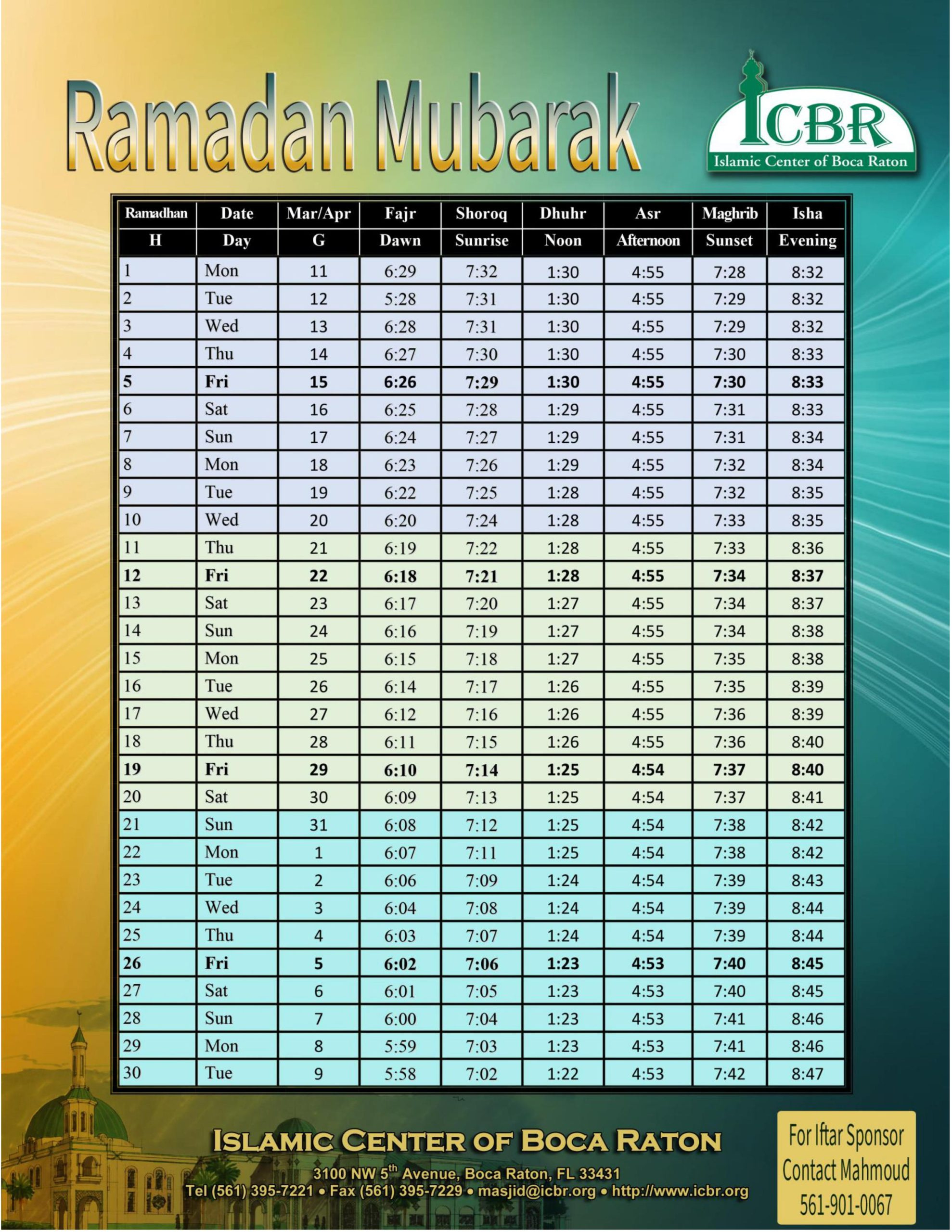 Ramadan Calendar | Islamic Center Of Boca Raton throughout Ramadan Calendar 2026 Florida